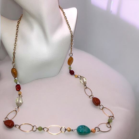 Multicolored Various Size/Shapes Beads Brass Chain 36.5" Necklace! - Picture 1 of 9